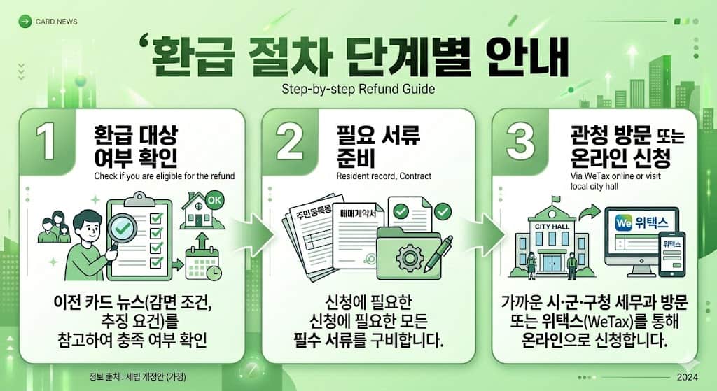 Card news style infographic, 'Step-by-step Refund Guide'