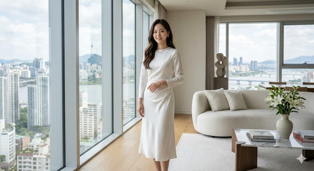 A high-quality, photorealistic portrait of a sophisticated 20-year-old Korean woman