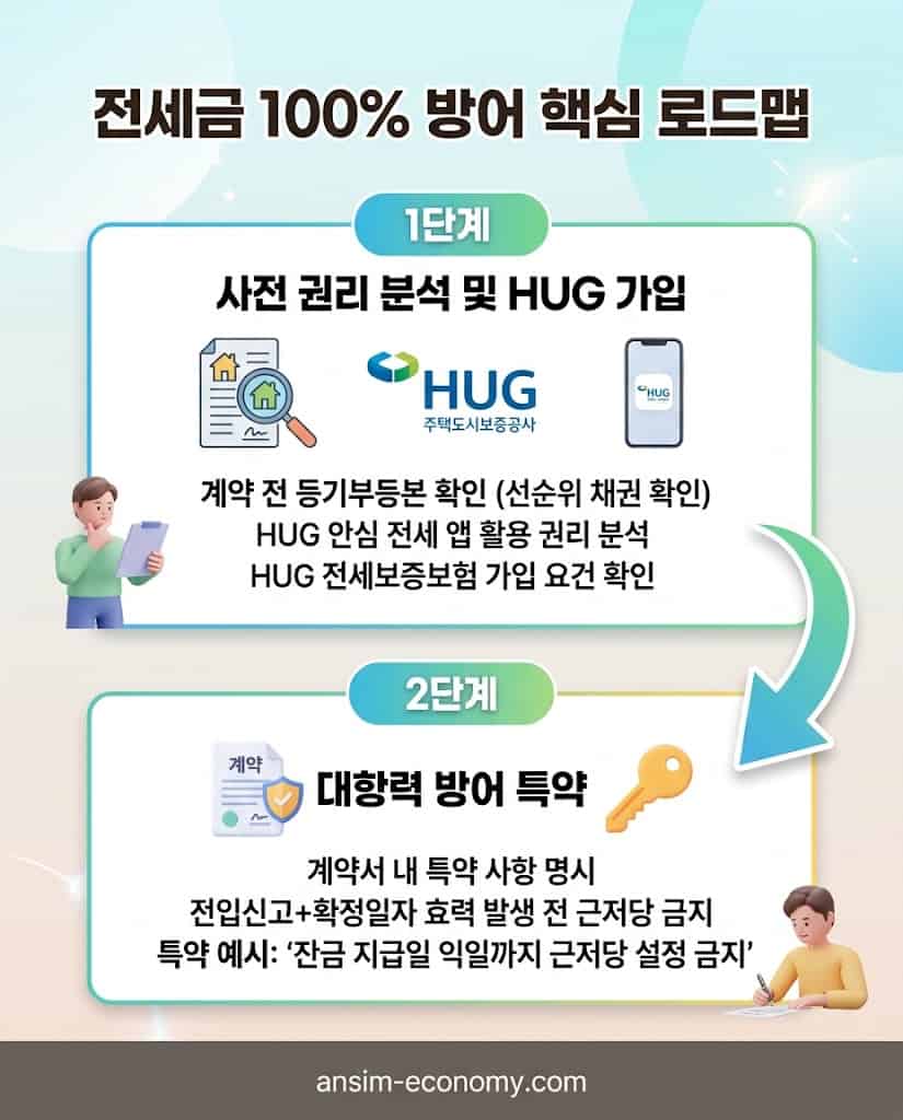 계약 전 권리 분석부터 대항력 방어를 위한 전세계약 특약 작성까지 전세사기 예방 핵심 플로우차트
