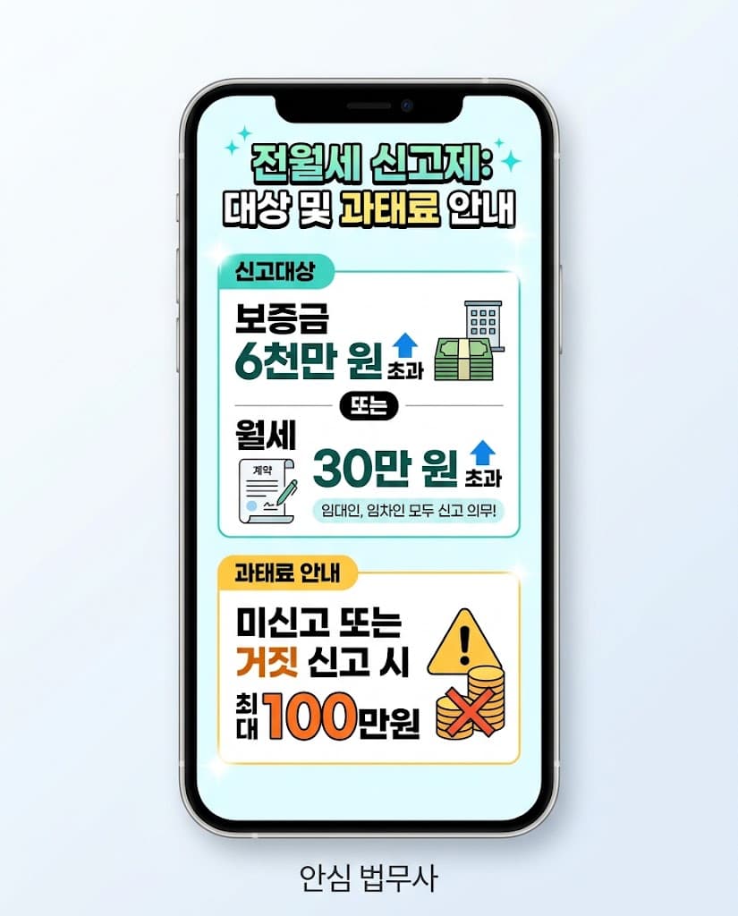 보증금 6,000만 원 또는 월세 30만 원 초과 시 전월세 신고제 대상 및 최대 100만 원 과태료 부과 기준 인포그래픽