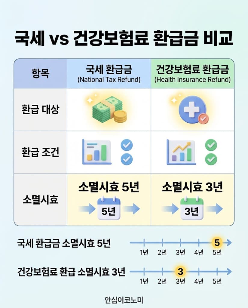 국세 및 지방세, 건강보험료 환급금의 소멸 시효와 조건을 비교한 요약 인포그래픽