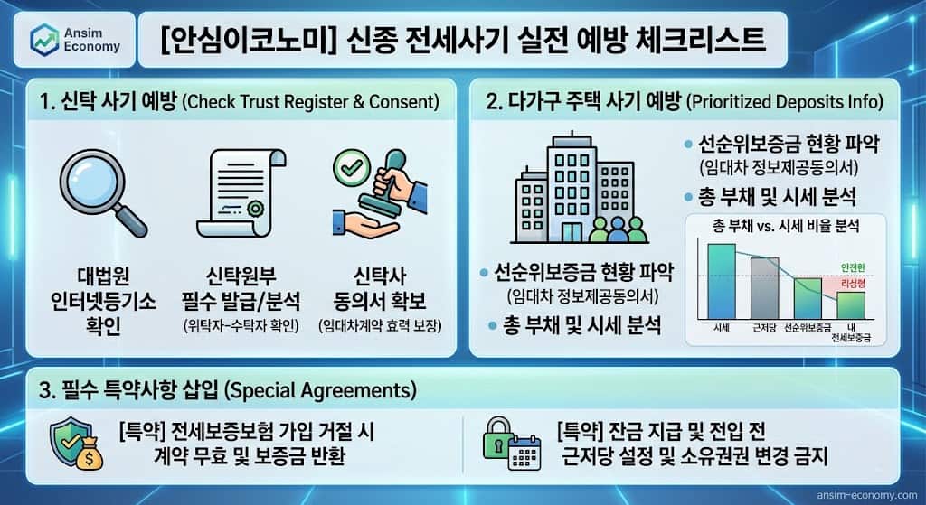 HUG 전세보증보험 신탁 다가구 사기 예방 필수 특약 3줄 체크리스트 인포그래픽
