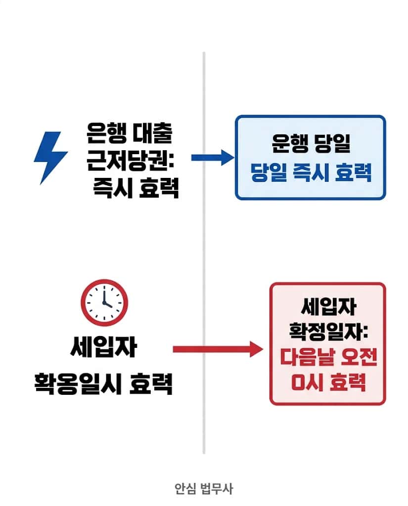은행 대출 근저당권 당일 효력과 HUG 전세보증보험 가입을 위한 세입자 전입신고 확정일자 다음날 0시 효력 발생 시차를 비교한 안심이코노미 인포그래픽