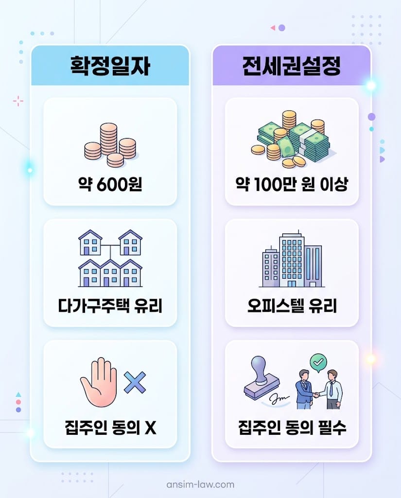 다가구 아파트 주택 유형별 전세권설정 수수료 비용 100만원과 확정일자 600원 득실을 비교한 표 인포그래픽