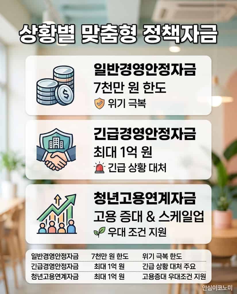 일반경영안정자금 및 긴급경영안정자금 등 상황별 맞춤형 자금 지원 한도와 금리 비교