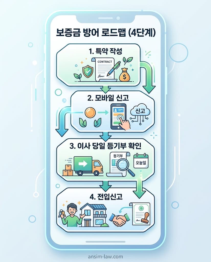 특약 작성부터 전입신고까지 세입자의 소중한 보증금을 지켜주는 안전한 전월세 계약 4단계 필수 로드맵 다이아그램