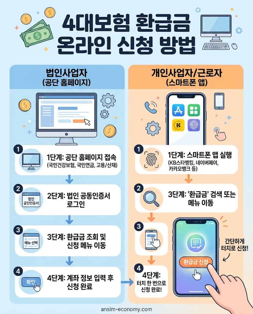 법인 및 개인 대상 4대보험 환급금 스마트폰 및 온라인 신청 절차 플로우차트