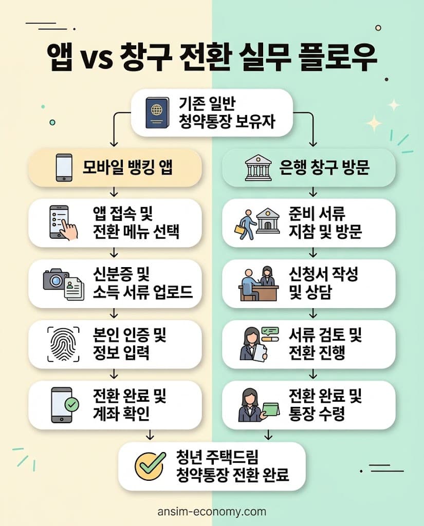 일반 주택청약종합저축에서 청년 주택드림 통장으로 비대면 모바일 및 창구 전환하는 방법 비교