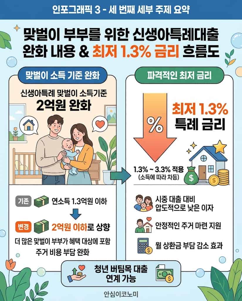 맞벌이 소득 기준 2억 원으로 완화된 신생아특례대출 및 최저 1.3% 금리 요약 인포그래픽