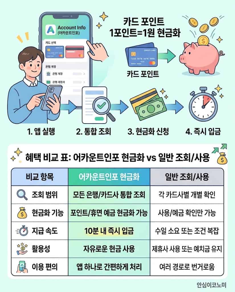 잠든 휴면계좌 잔액과 카드 포인트를 즉시 현금화하는 혜택을 정리한 인포그래픽