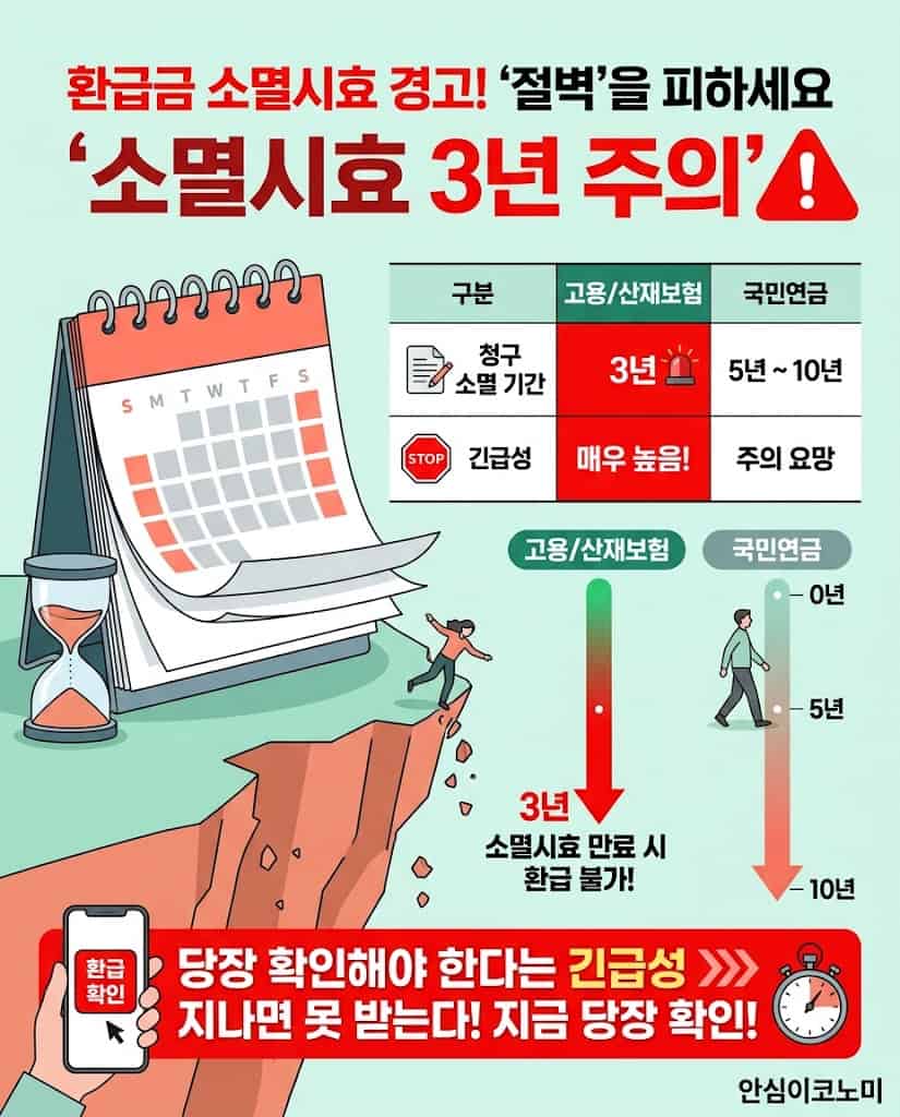 3년이 지나면 국고로 귀속되는 4대보험 환급금 소멸시효 경고 타임라인