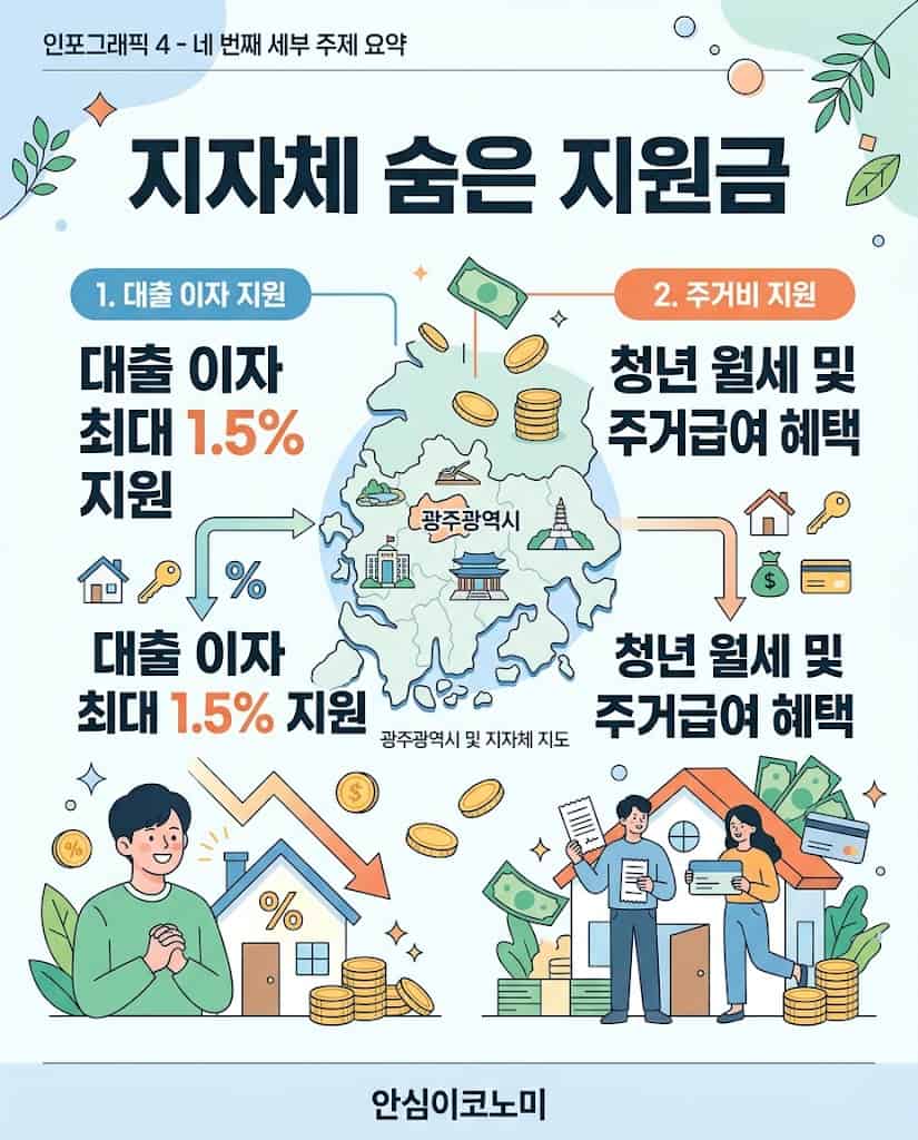 광주광역시 등 지자체별 청년 신혼부부 대출 이자 및 월세 지원 혜택 요약 인포그래픽
