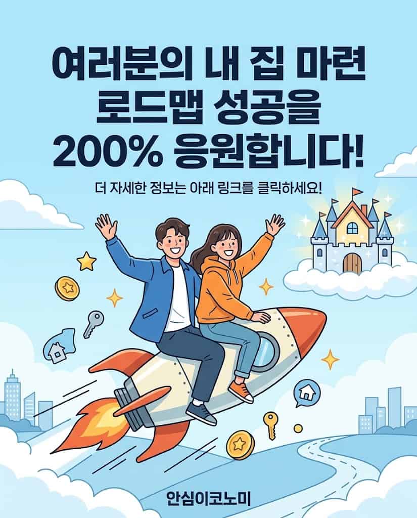 내 집 마련의 꿈을 향해 로켓을 타고 질주하는 청년 남녀와 응원 메시지