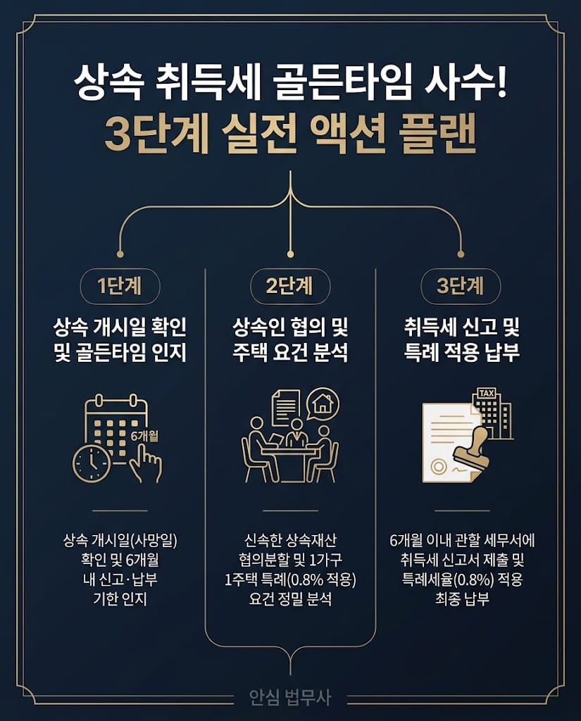 상속재산분할협의 취득세 신고 기한 사수 및 1가구 1주택 감면을 위한 3단계 실전 액션 플로우차트