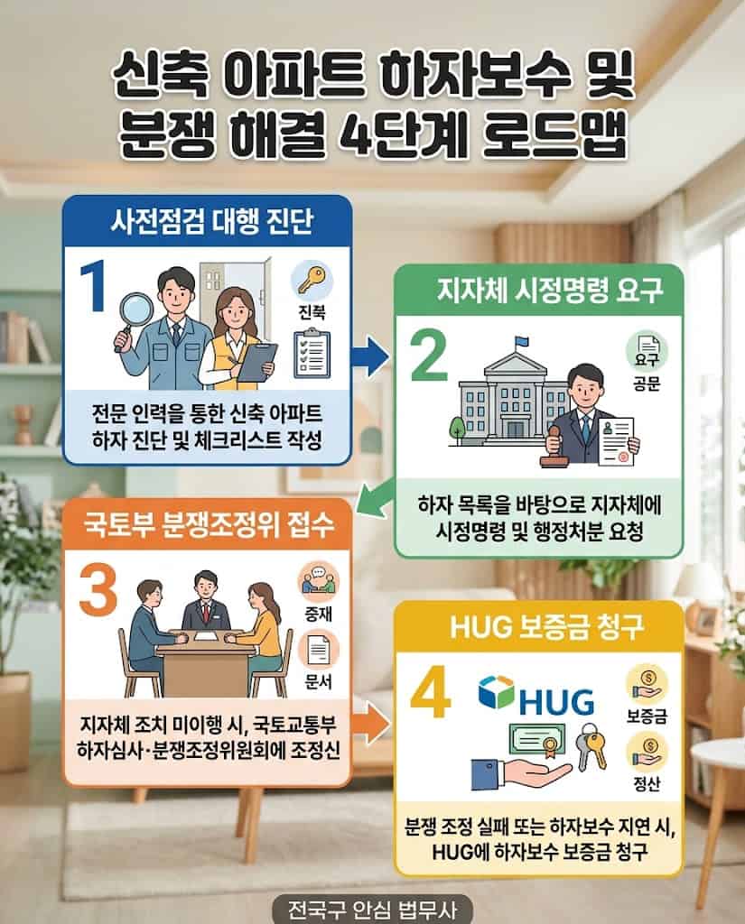 신축 아파트 하자보수 기간 및 아파트 사전점검 대행 분쟁 해결 4단계 플로우차트