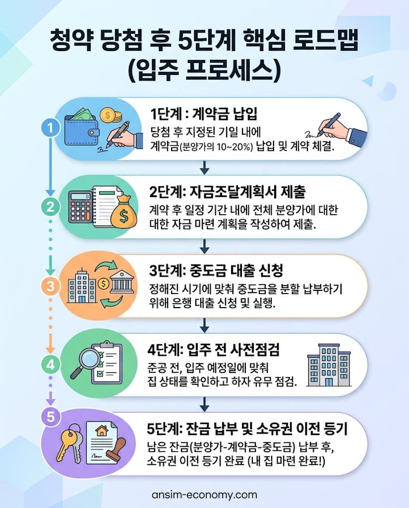 청약 당첨 후 중도금 대출부터 소유권 이전 등기까지 필수 플로우차트