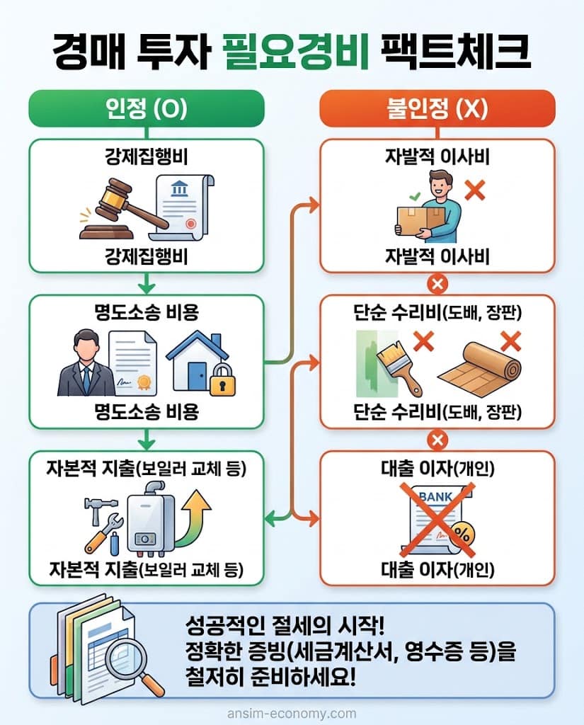 경매 필요경비 인정 항목과 불인정 항목을 비교한 인포그래픽