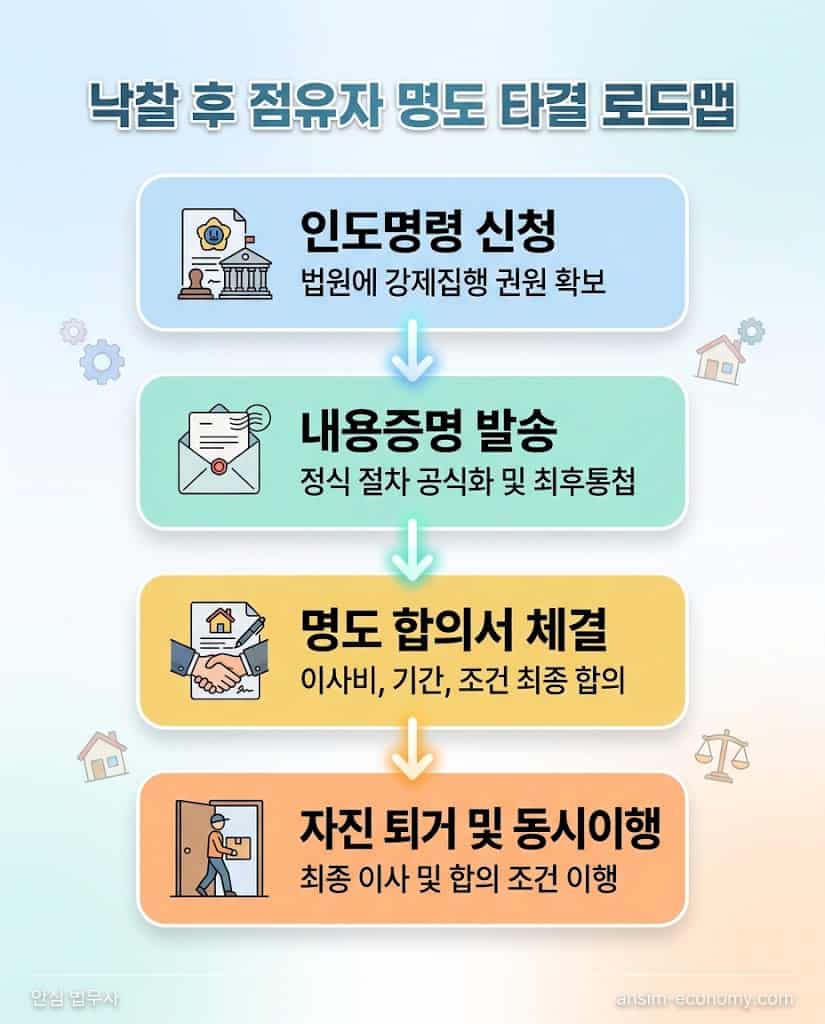 인도명령 신청부터 명도 합의서 체결 및 자진 퇴거까지의 절차를 보여주는 핵심 로드맵 플로우차트
