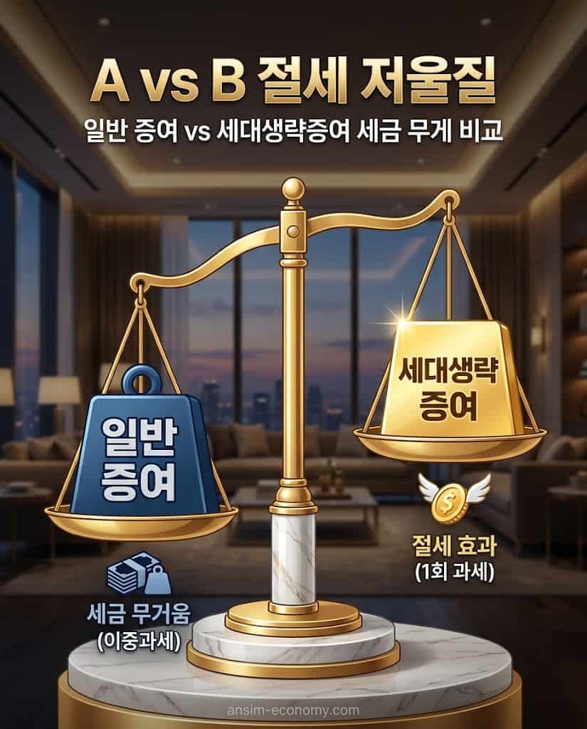 일반 증여 이중과세와 세대생략증여 단일과세 세금 차이 및 증여세율을 비교하는 다이어그램