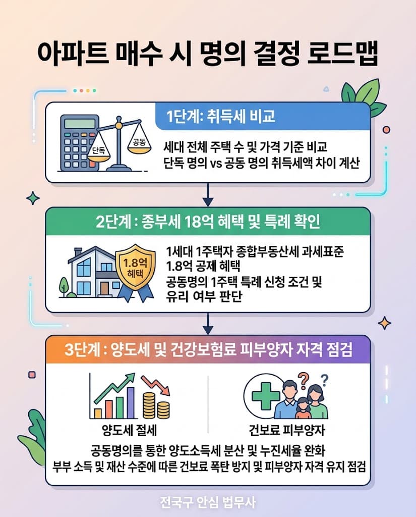 아파트 매수 시 취득세 종부세 양도세 및 건강보험료 계산 부부 공동명의 설정 로드맵