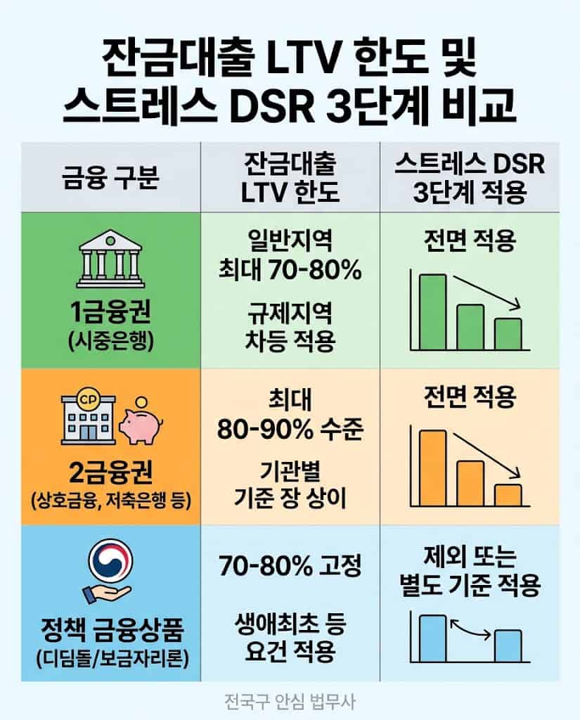 1금융권과 정책 자금, 2금융권의 잔금대출 LTV 한도 및 스트레스 DSR 3단계 가산 금리 비교표