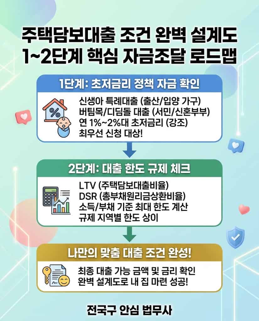 1%대 신생아특례대출 조건 확인 및 아파트 담보대출 LTV DSR 규제 한도 체크 플로우차트