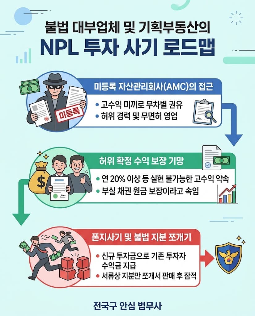 불법 대부업체 투자 및 NPL 기획부동산 수익보장형 사기 단계별 흐름도와 채권가압류 비용 안내
