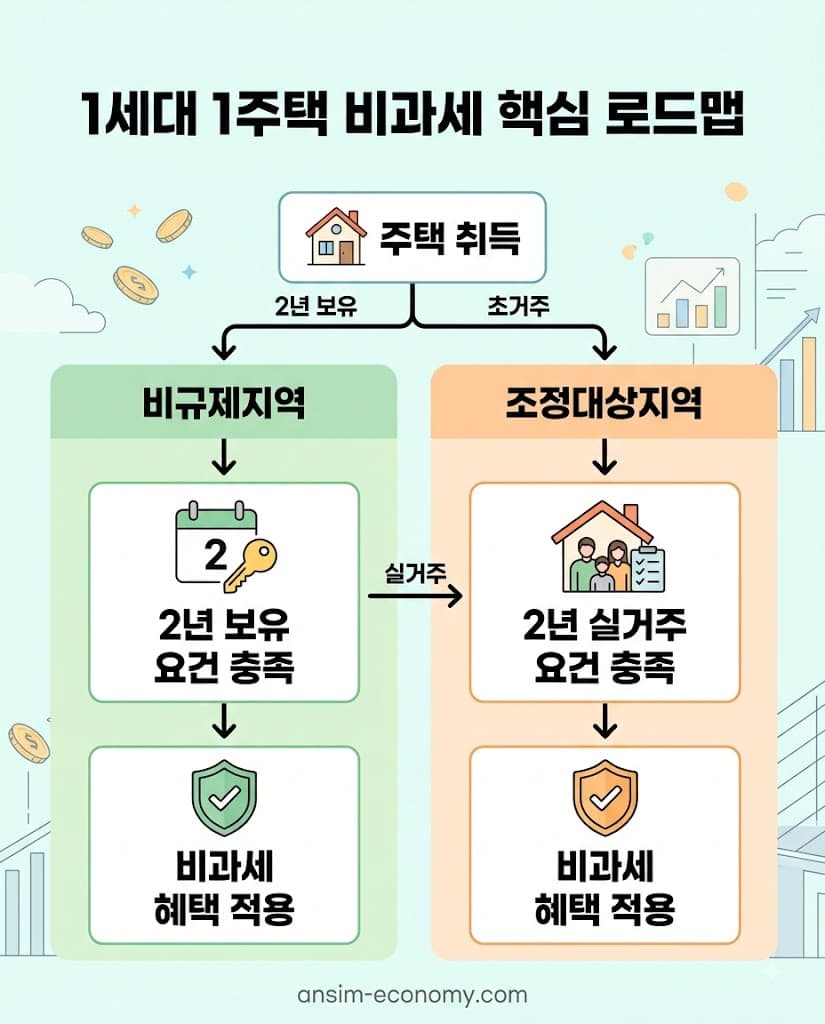 2026년 기준 1세대 1주택 비과세 보유 및 조정대상지역 거주 요건 플로우차트와 고가주택 절세 컨설팅 비용 안내