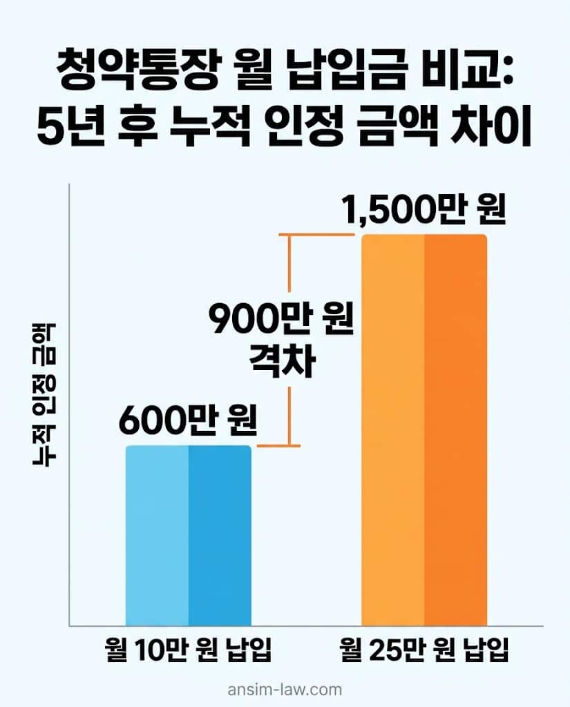 월 10만 원과 25만 원 납입 시 5년 후 누적 인정액 900만 원 격차를 보여주는 비교 그래프