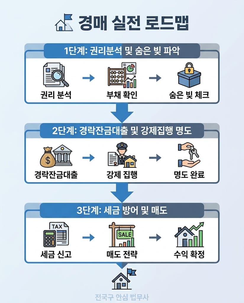 권리분석부터 입찰, 강제집행 명도, 엑시트까지 이어지는 부동산 경매 실전 로드맵 플로우차트