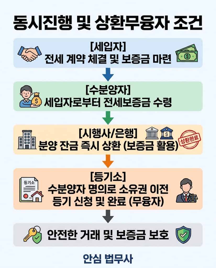 세입자의 전세보증금으로 분양 잔금을 치르는 동시진행 및 상환무융자 흐름도