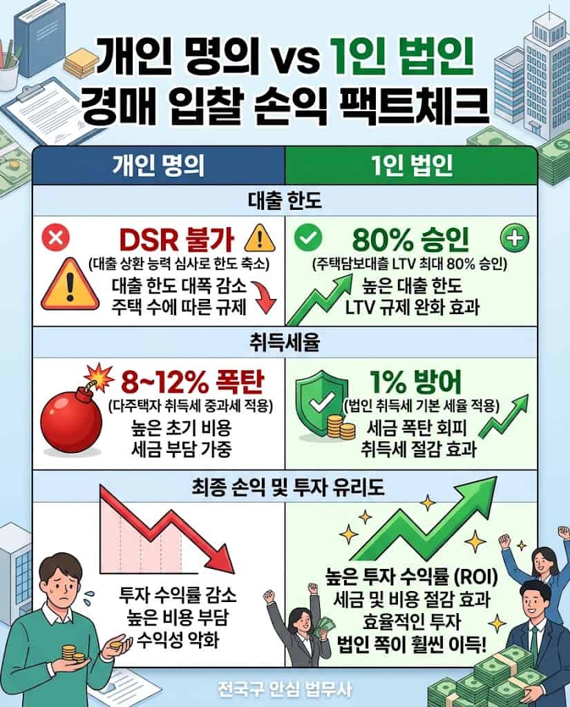 개인 명의와 1인 법인의 <strong>법인 경매 대출</strong> 한도 비교 및 세무조사 방어 비교표