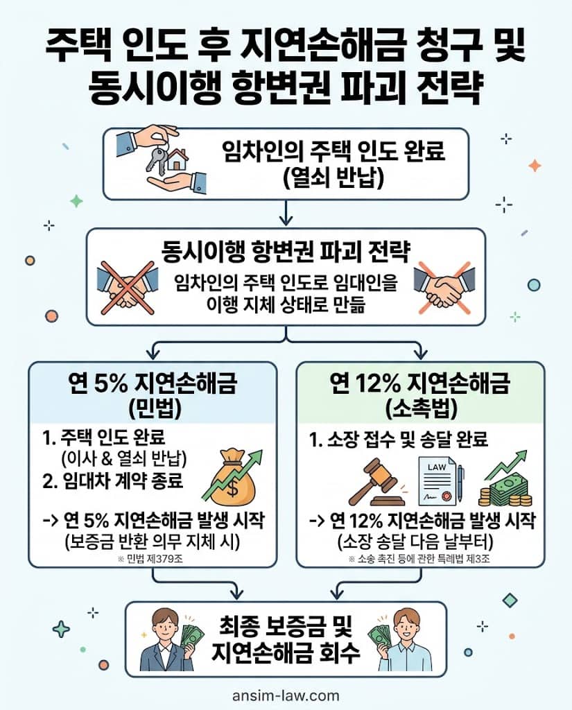 주택 인도 완료 후 집주인에게 연 5% 및 12%의 지연손해금을 합법적으로 청구하는 절차를 담은 플로우차트입니다.