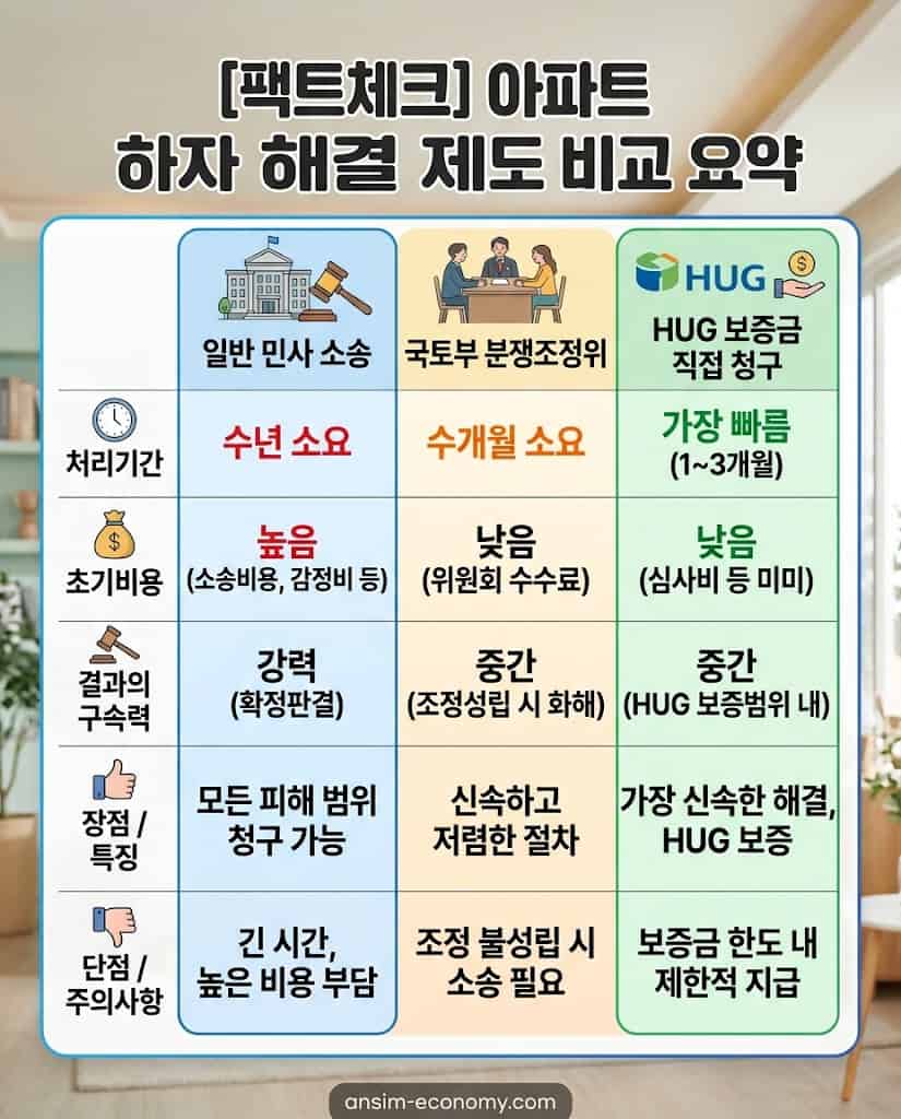 아파트 하자 분쟁 해결 절차 및 정책 혜택 장단점 비교표
