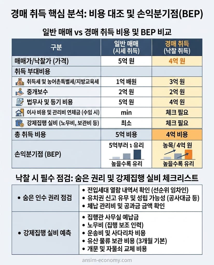 부동산 경매 숨은 인수 권리 및 강제집행 예납금, 세금 손익분기점(BEP) 비교표