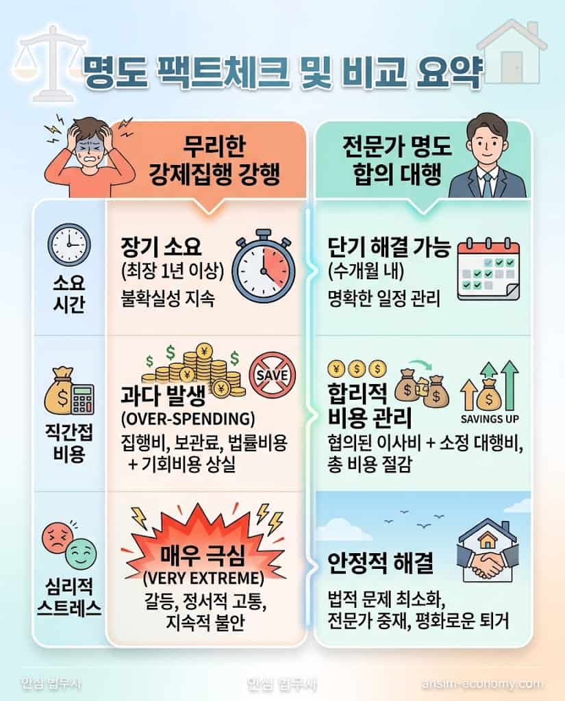 무리한 강제집행과 실용적인 명도 합의의 소요 시간, 비용, 스트레스 장단점 비교표