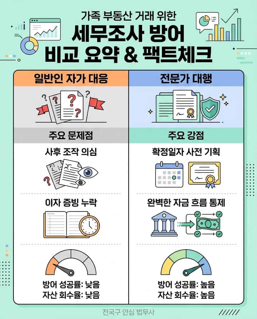 일반인 자가 대응과 전문가 대행의 세무조사 방어 및 자금출처 소명 성공률 비교표