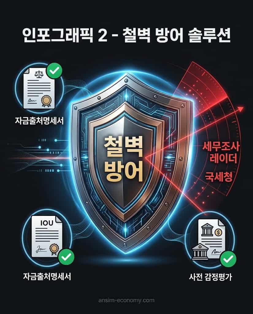 자금출처명세서와 증여세 전문 세무사 상담을 통해 세무조사 방어를 완벽하게 수행하는 거대한 방패 인포그래픽