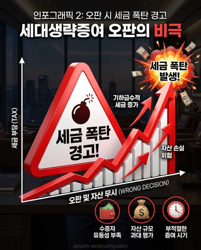 미성년 손자 증여 시 국세청 세무조사 및 40% 중과 세금 폭탄 경고 인포그래픽