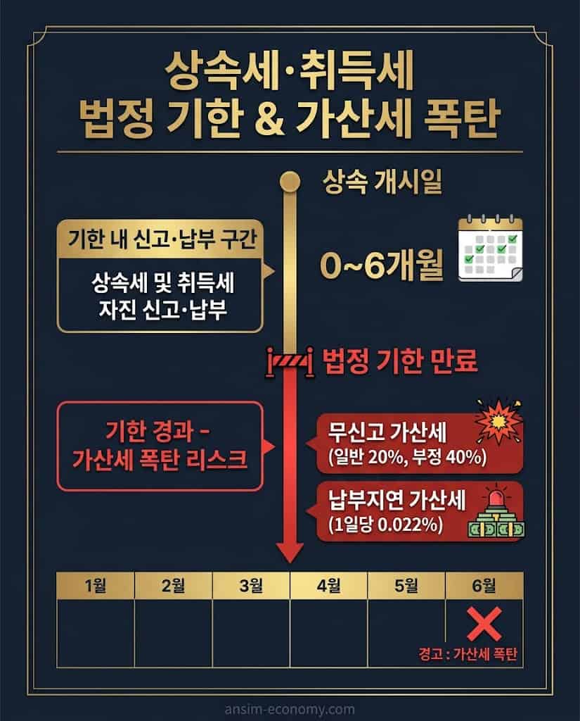 상속세 신고기한 6개월 경과 시 무신고 가산세 20% 경고 타임라인 및 납세담보