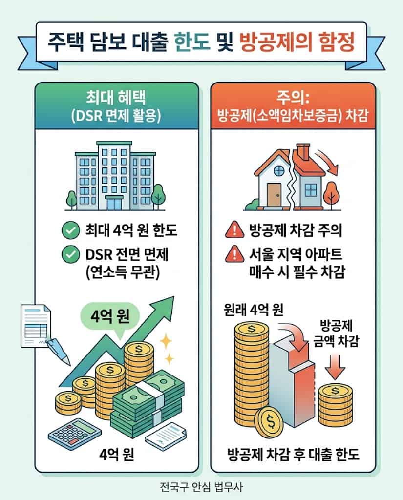 주택자금대출 심사 DSR 계산기 적용 및 최대한도 4억 원 혜택과 방공제 리스크 비교 분석 인포그래픽