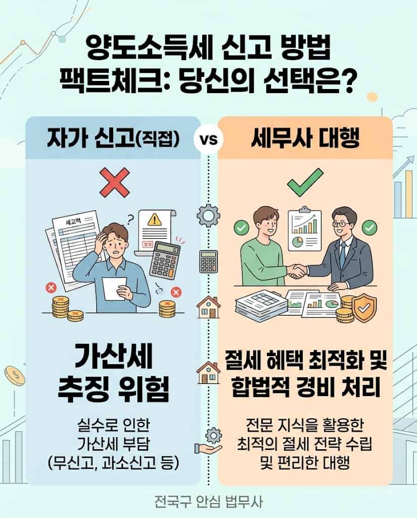 부동산 세무조사 불복 청구 예방을 위한 양도소득세 자가 신고와 세무사 대행 방식의 가산세 위험 및 장단점 비교표