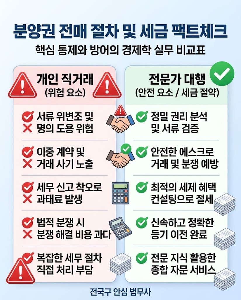 분양권 개인 직거래 대 전문가 대행 리스크 및 비용 비교 팩트체크 표
