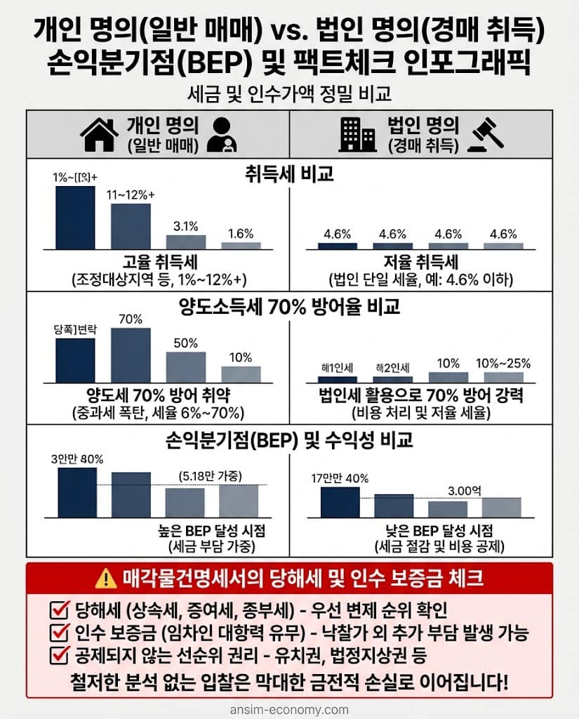 개인 및 법인 명의 양도세 방어율 비교와 숨은 인수 권리를 파악하는 손익분기점 팩트체크 인포그래픽