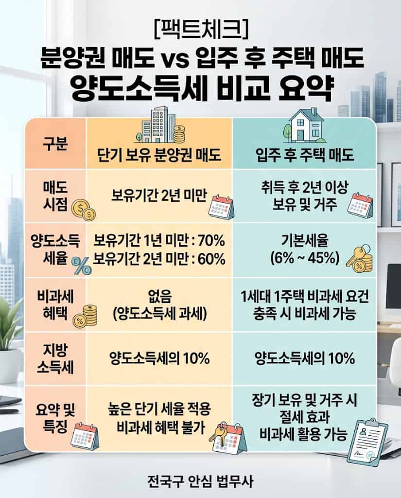 분양권 실무 매도와 주택 매도 시 양도소득세 신고 절세 비교표