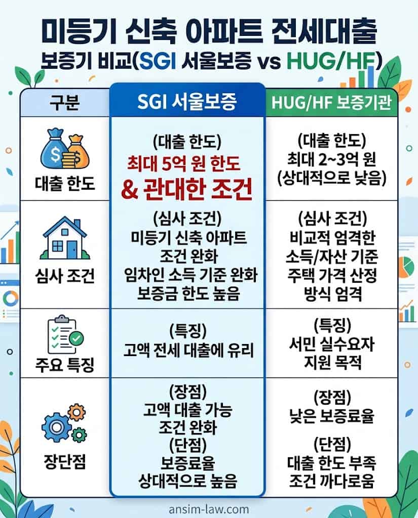 미등기 신축 아파트 전세대출 관련 SGI 서울보증과 타 보증기관 조건 비교 표