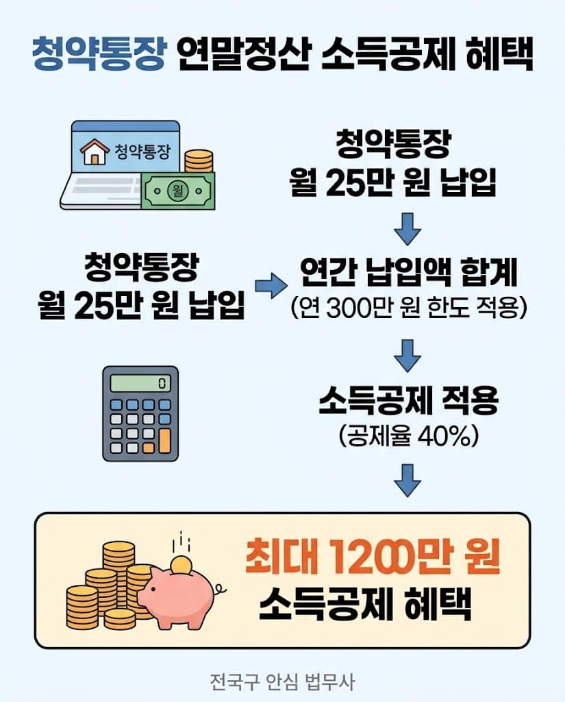청약통장 25만 원 납입으로 연말정산 소득공제 최대 300만 원 혜택을 받는 과정 플로우차트