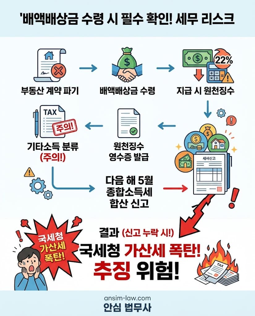 계약파기 위약금 수령 시 22% 원천징수 의무 및 종합소득세 가산세 폭탄 경고 세무 차트