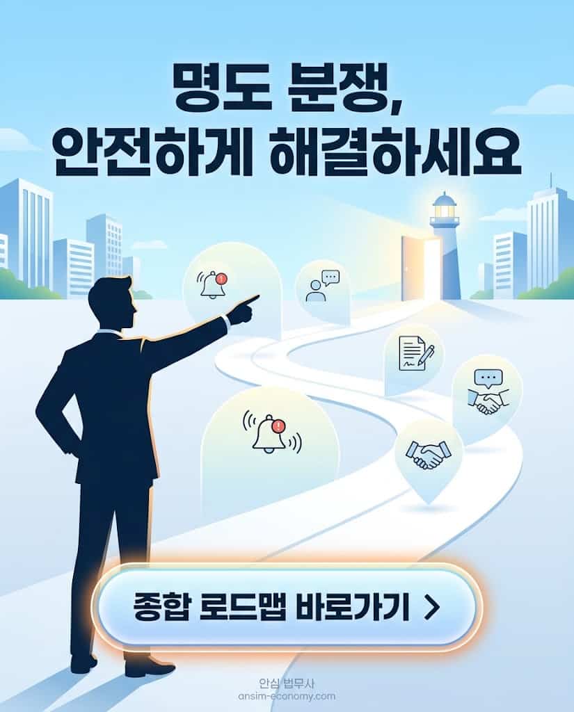 명도 분쟁 해결 전문가의 조언과 종합 로드맵 하위 포스팅 링크 클릭을 유도하는 요약 그래픽