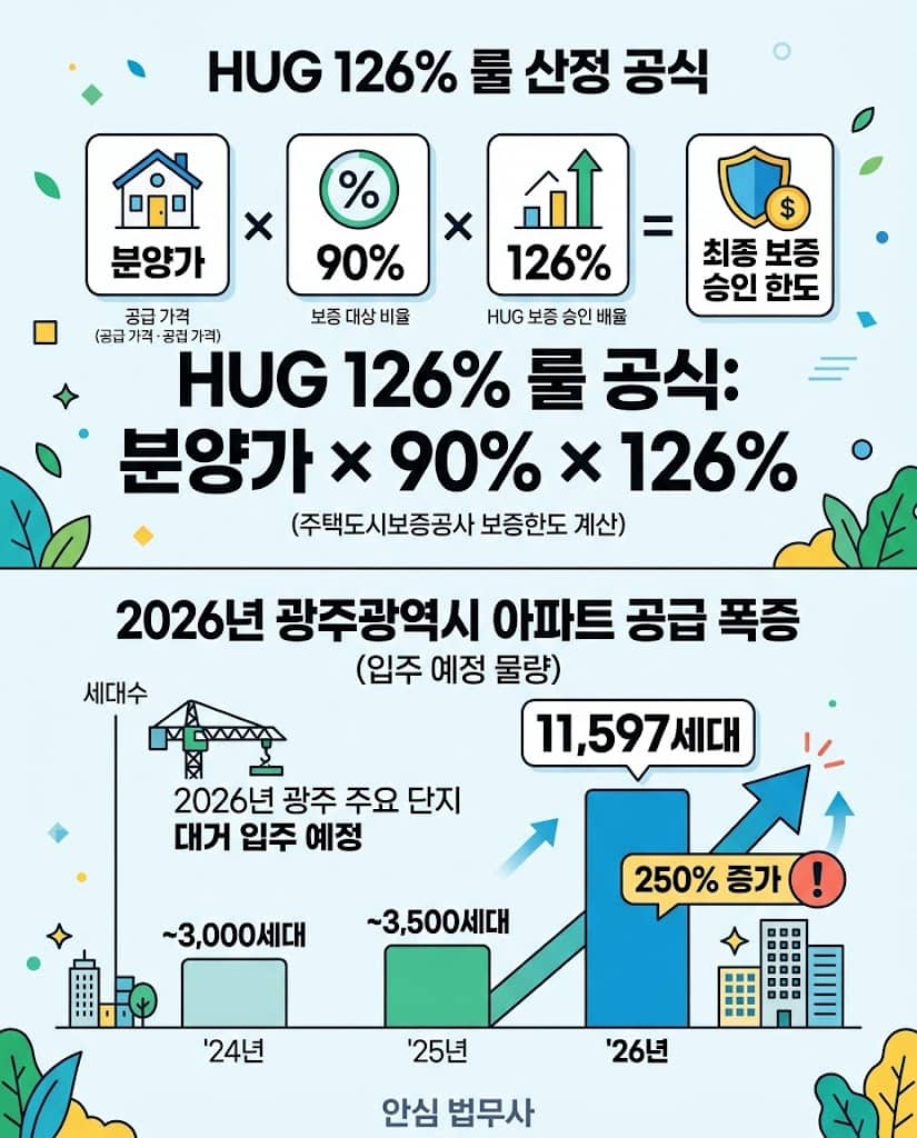 HUG 126% 룰 보증보험 산정 방식 및 2026년 대규모 입주 물량 폭증에 따른 시장 영향 그래프